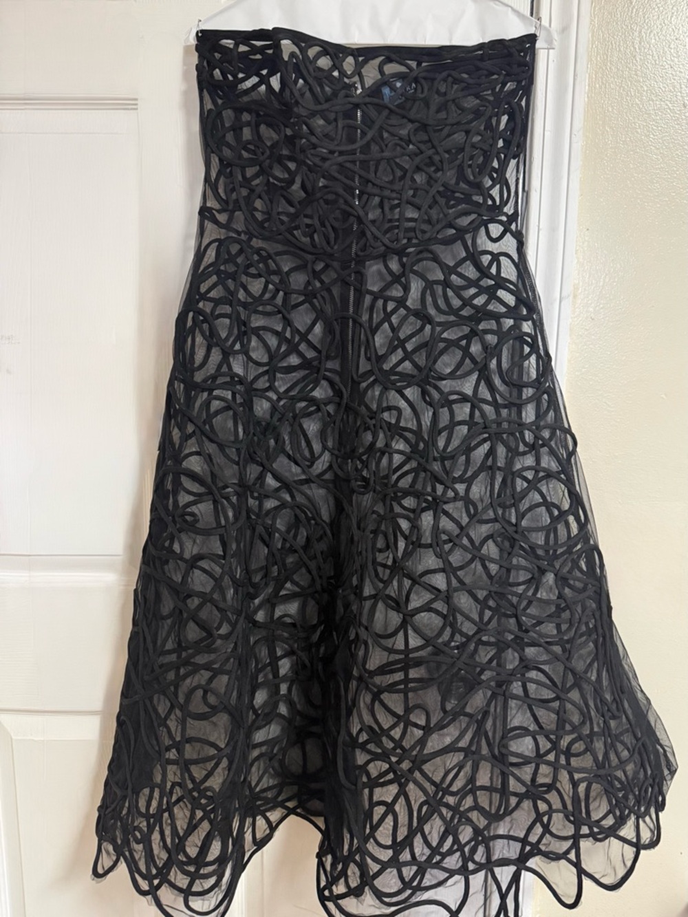 AKIRA Black Strapless A-Line Dress with Swirl Appliqué